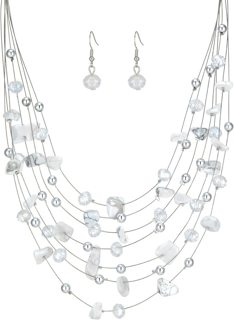 Errally Store Multi-Layer Boho Shell Beaded Necklace for Women Colorful Crystal Strand with Silver Beads Statement Collars Necklace and Earrings Costumes Jewelry Sets for Women - Image 1